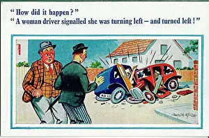 Comic postcard, Two men discuss car crash Date: 20th century