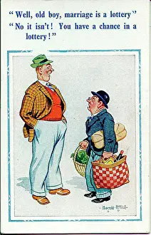 Lottery Prints: Comic postcard, Two men discuss marriage Date: 20th century