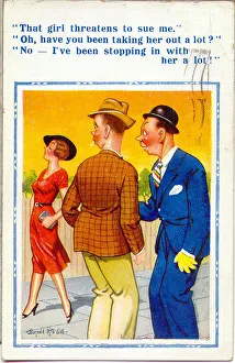 Comic postcard, Two men discuss woman walking by Date: 20th century Comic postcard, Two men discuss woman walking by Date: 20th century