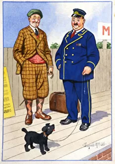 Comic postcard, Two men and dog on railway platform Date: 20th century