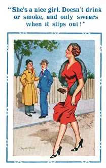 Images Dated 23rd March 2021: Comic postcard, men gossiping about young woman Date: 20th century