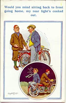 Shining Collection: Comic postcard, Two men with motorcycle - rear light Date: 20th century