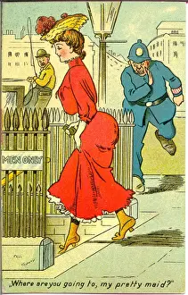 Lavatory Prints: Comic postcard, Men Only toilet - Where are you going to, my pretty maid