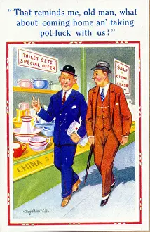 Toilet Prints: Comic postcard, Men walk past shop window Date: 20th century