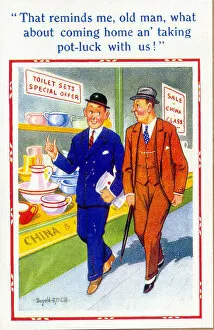 Friends Collection: Comic postcard, Men walk past shop window Date: 20th century