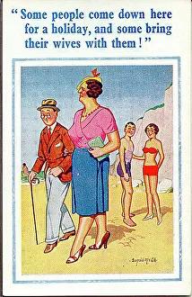 Timid Prints: Comic postcard, Middle aged couple on the beach