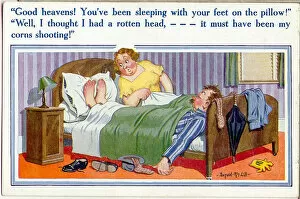 Painful Gallery: Comic postcard, Middle aged couple in bed Date: 20th century