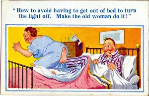 Comic postcard, Middle aged couple in bedroom