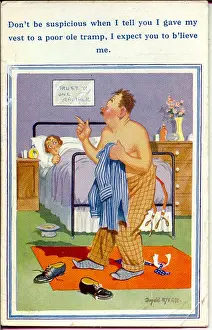 Bedroom Prints: Comic postcard, Middle aged couple in bedroom Date: 20th century