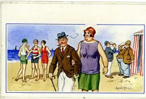 Holidays Gallery: Comic postcard, Middle aged couple at the seaside, not having any fun Date
