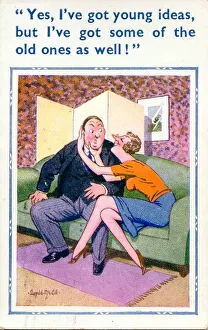 Ideas Prints: Comic postcard, Middle aged couple on a sofa