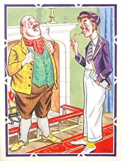 Student Prints: Comic postcard, Middle aged man chatting with a schoolboy or young university student