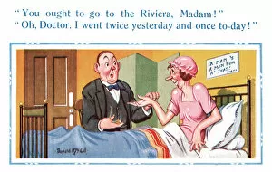 Comic postcard, Middle-aged spinster and doctor Date: 20th century