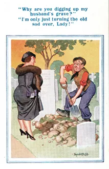 Images Dated 23rd March 2021: Comic postcard, Middle-aged woman and gravedigger