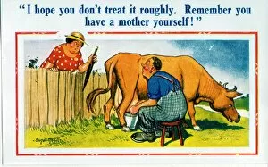 Pail Gallery: Comic postcard, milking a cow
