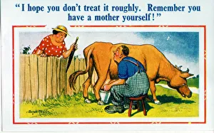 Dairy Prints: Comic postcard, milking a cow