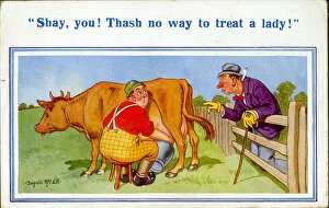 Pail Collection: Comic postcard, milking a cow Date: 20th century