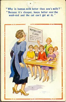 Cows Gallery: Comic postcard, Mother craft class for girls Date: 20th century