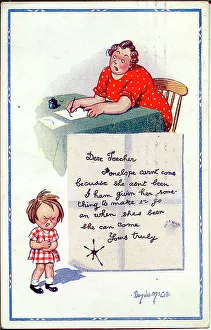 Grammar Prints: Comic postcard, Mother and daughter, absent from school letter Date: early 20th century