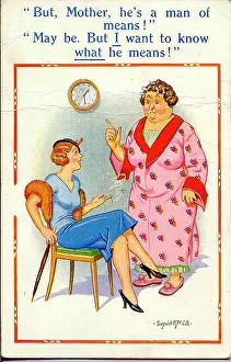 Frumpish Prints: Comic postcard, Mother and daughter discussion about a man Date: 20th century