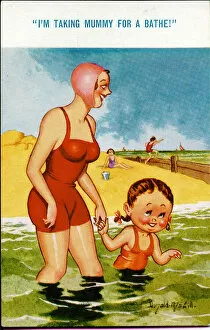 Enjoyment Gallery: Comic postcard, Mother and daughter in the sea Date: 20th century