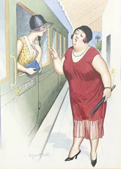 Comic postcard, Mother and daughter at station