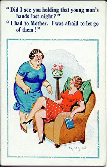 Frumpish Prints: Comic postcard, Mother questions daughter about a man Date: 20th century