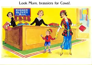 Comic postcard, Mother and son in department store Date: 20th century