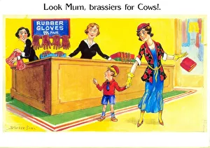 Comic postcard, Mother and son in department store Date: 20th century Comic postcard, Mother and son in department store Date: 20th century