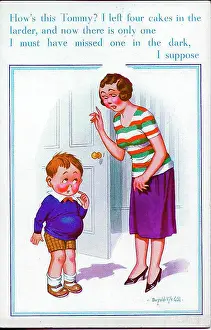 Cakes Prints: Comic postcard, Mother and son - who ate the cakes? Date: 20th century