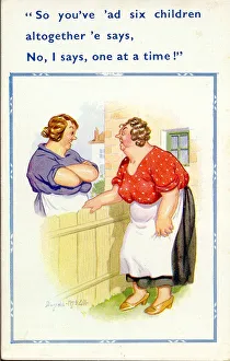 Comic postcard, Neighbours chat over garden fence