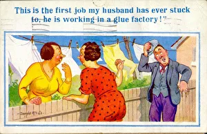 Comic postcard, Neighbours chat over garden fence