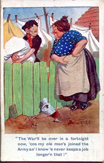 Scruffy Prints: Comic postcard, Neighbours chat over garden fence. Date: 1914-1918