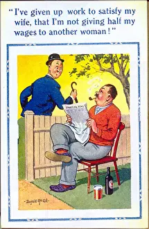 Comic postcard, Neighbours chat over garden fence Date: 20th century