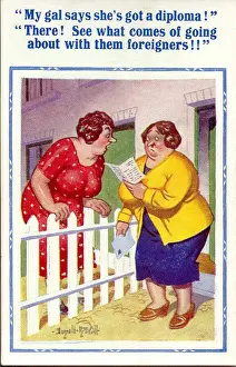 Comic postcard, Neighbours chat over garden fence Date: 20th century