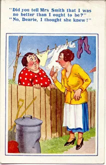 Chat Gallery: Comic postcard, Neighbours chat over garden fence Date: 20th century