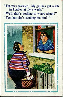 Worry Prints: Comic postcard, Neighbours chat through window Date: 20th century