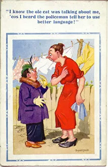 Tall Gallery: Comic postcard, Neighbours chatting in garden Date: 20th century