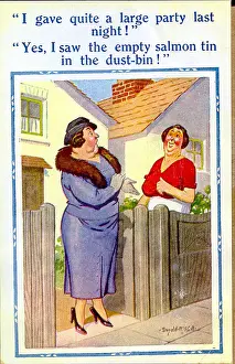 Neighbours Prints: Comic postcard, Neighbours chatting at the gate Date: 20th century