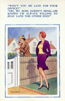 Comic postcard, Neighbours chatting about work Date: 20th century Comic postcard, Neighbours chatting about work Date: 20th century