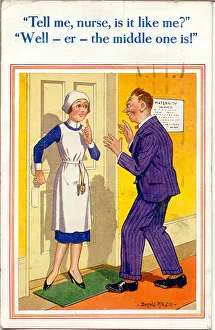 Birth Gallery: Comic postcard, New father with maternity nurse