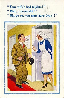 Comic postcard, New father with maternity nurse