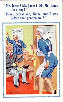 Childbirth Prints: Comic postcard, New fathers waiting in maternity ward Date: 20th century