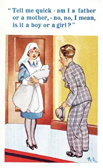 Nursing Prints: Comic postcard, nurse, baby and new father - girl or boy? Date: 20th century