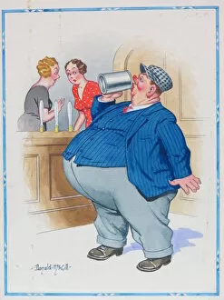 Stomach Gallery: Comic postcard, Obese man drinking in pub