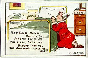 Comic postcard, Old maid saying her prayers Date: 20th century