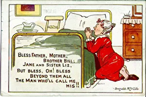 Comic postcard, Old maid saying her prayers Date: 20th century Comic postcard, Old maid saying her prayers Date: 20th century