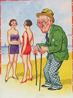 Sticks Collection: Comic postcard, Old man with pretty women on the beach
