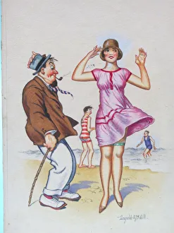 Images Dated 26th August 2015: Comic postcard, Older man with pretty woman on the beach