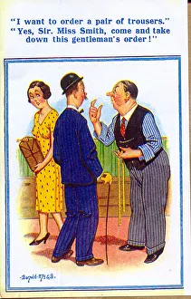 Comic postcard, Ordering a pair of trousers Date: 20th century Comic postcard, Ordering a pair of trousers Date: 20th century